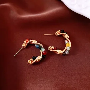 Vintage C-shaped geometric hoop earrings with colorful agate beads and gold-plated metal