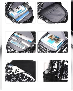 Detail view of large capacity black and white graffiti backpack with multiple storage pockets