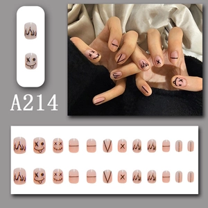 24pcs Halloween coffin false nails with pink base and black hand-painted flame designs