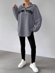 Sweat oversize en polaire grise avec demi-zip et broderie New York pour femmes