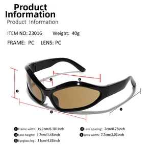 Detailed size chart for Y2K sport sunglasses with PC frame measurements and dimensions