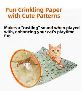 Cat tunnel toy with crinkle paper, floral print fabric and hanging plush mouse toy