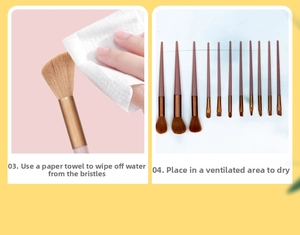 Detail showing how to dry makeup brushes with tissue after cleaning for care