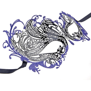 Detail of masquerade eye mask with blue glitter finish and clear rhinestone accents
