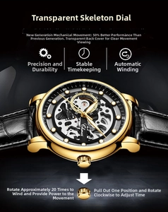 Detail of automatic mechanical watch dial featuring hollow skeleton design and gold case