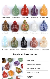 Detailed chart showing fifteen types of carved natural gemstone turtle figurines with labels
