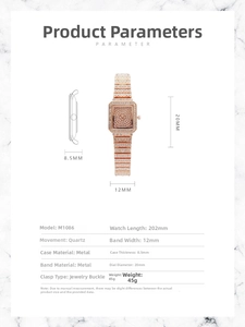 Detailed specifications of the rose gold square quartz watch with full crystal diamonds