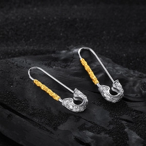 Retro Safety Pin Drop Earrings For Women Carved Two Tone Gold And Silver Plated Copper Punk Style Jewelry