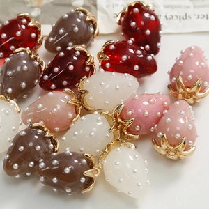 Resin strawberry charms with white pearls and gold metal loops for DIY earrings