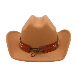 Detail of tan felt cowboy hat featuring a leather band with white X-stitching and studs