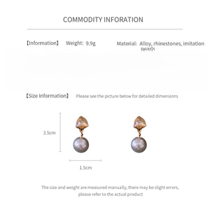 Detail view of pearl earrings with dimensions 3.5cm x 1.5cm and material information