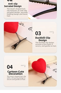 Detailed view of red plush heart hair clip with anti-slip spring and metal duckbill base
