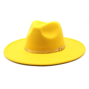 Detailed close-up of 9.5cm wide brim wool felt jazz hat with gold buckle band in yellow