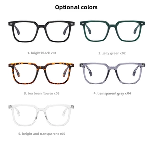 Detailed flat lay of large square eyeglass frames in five colors with rivet accents