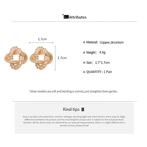 Detailed technical drawing of golden knot stud earrings with dimensions and material specs