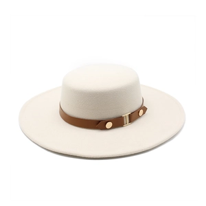 Classic cream flat-top wool felt boater hat with a brown leather buckle strap detail