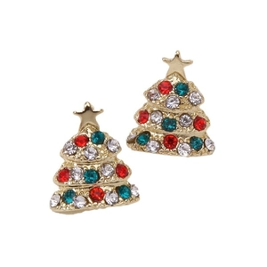 Macro detail of Christmas tree stud earrings with colorful crystals and gold finish