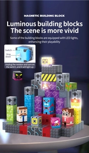 Detail view of magnetic pixel block castle with glowing LED light and easy side switch