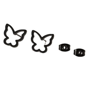Minimalist black hollow butterfly stud earrings in stainless steel on white background