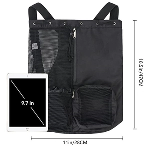 Black mesh swim backpack 47x28cm size guide with 9.7 inch tablet reference