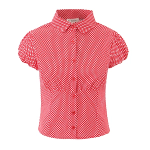 Detail of red polka dot puff sleeves and lapel collar on women's button-up shirt