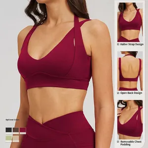 Set da yoga bordeaux da donna con reggiseno sportivo allacciato al collo e legging
