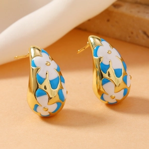 Vintage gold water drop earrings with blue and white enamel floral pattern for women