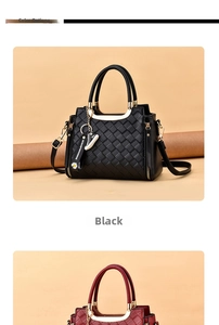 Detail of quilted leather tote bags in black and dark red with metal handles and strap