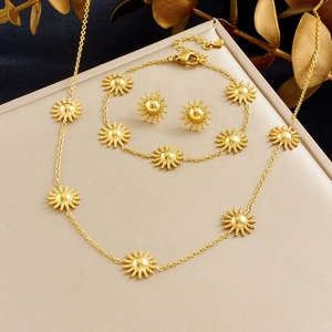 Sun Starburst Stainless Steel Jewelry Necklace Bracelet And Stud Earrings Gold Plated Retro Style For Women