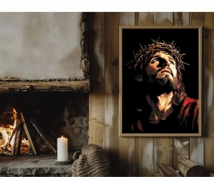 Detailed view of DIY scratch art painting featuring a spiritual Jesus portrait in a frame