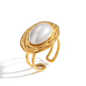 Vintage 18K gold plated stainless steel open ring with a large oval white pearl