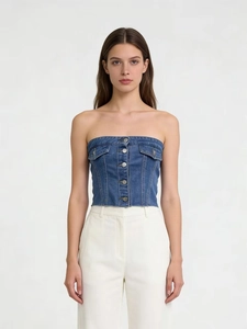 Top a fascia in denim blu slim fit da donna con bottoni in metallo e tasche