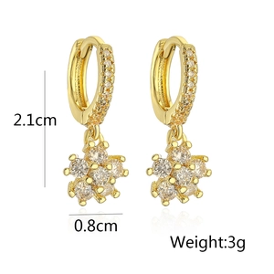 Detailed view of 18K gold plated flower earrings with cubic zirconia and size dimensions