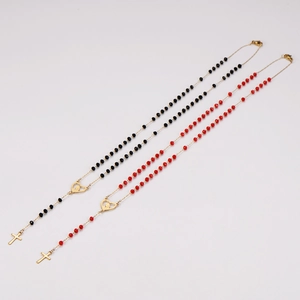 Stainless steel long necklace with colorful beads heart connector and cross pendant