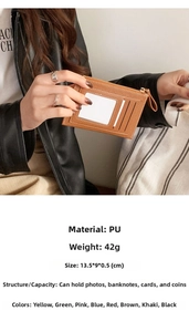 Brown PU leather card wallet with multi-slot design held by a model in a black leather jacket