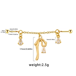 Detailed dimensions of gold industrial barbell featuring water drop zircon and chain charm