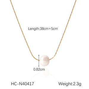 Detail view of pearl pendant necklace showing dimensions 38cm plus 5cm and 0.82cm pearl