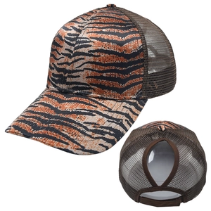 Women's tiger print ponytail mesh baseball hat with breathable back and adjustable strap