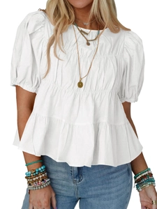 Women Puff Sleeve Blouse Top Ruffle Tiered Hem Pleated Casual Sweet Round Neck Summer Polyester