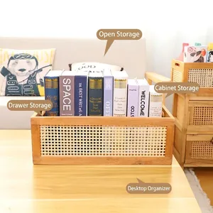 Handmade wooden frame rattan storage basket for books and home organization in cozy setting