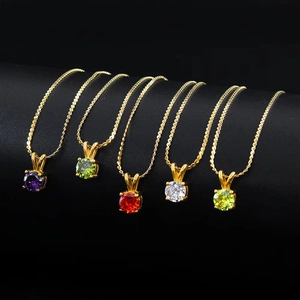 18K gold plated stainless steel necklace with five colorful round cut birthstone pendants