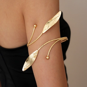 Polished gold leaf open upper arm cuff bracelet in multilayer bohemian style design