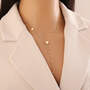 Fashion Stainless Steel Y-Shaped Necklace For Women Gold Plated Heart Star Waterdrop Circle Rhinestone Tassel Necklace