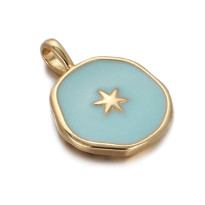 Detail of octagonal gold pendant with light blue enamel and central golden star motif