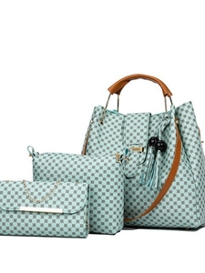 3-piece light blue handbag set with geometric prints and brown straps on white background
