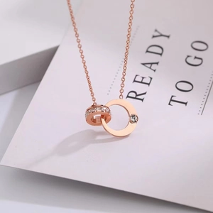 18k rose gold double interlocking ring necklace with crystal accents and O-chain for women