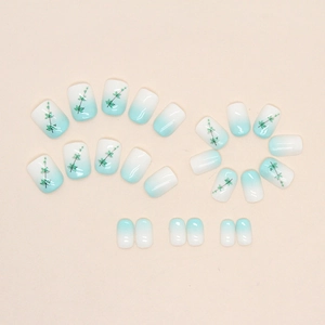 Short gradient green press-on nails with natural leaf patterns for spring and summer