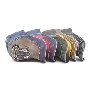 Vintage washed cotton baseball caps with animal embroidery and distressed edges in six colors