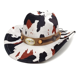 Western cowboy hat with tricolor cow print and bull emblem leather band accessory
