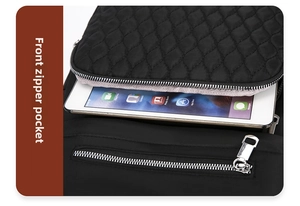 Détail de poche zippée avant de sac à dos oxford matelassé noir, sac décontracté quotidien.